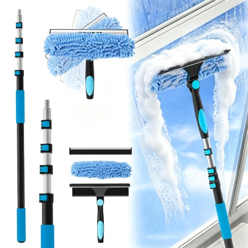 25FT Reach Window Squeegee Kit with Extension Pole, 2-in-1 Professional Washer for High Windows, 5-20FT Adjustable Reach, Rotatable Head for Indoor & Outdoor Use, Streak-Free Cleaning Tool for Home - color: Blue, size: 20FT