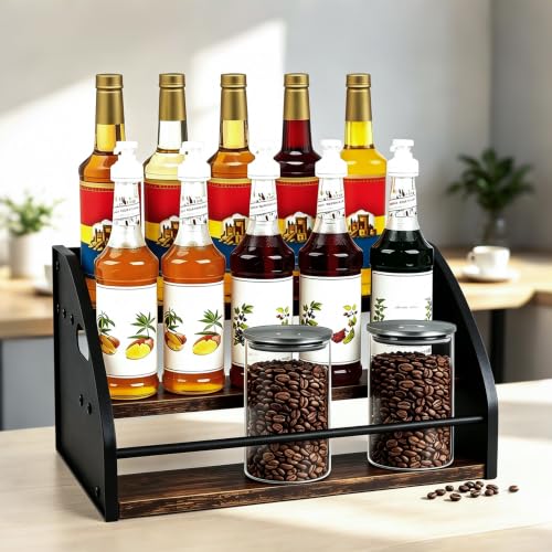 3-Tier Coffee Syrup Rack with Easy-Carry Handles | Retro Large Countertop Bottle Organizer Shelf |15 Syrup Bottles Holder | Sturdy Freestanding Bar Stand for Coffee, Whiskey & Spirits - color: 3-tier Brown