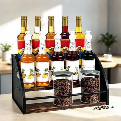 3-Tier Coffee Syrup Rack with Easy-Carry Handles | Retro Large Countertop Bottle Organizer Shelf |15 Syrup Bottles Holder | Sturdy Freestanding Bar Stand for Coffee, Whiskey & Spirits - color: 3-tier Brown