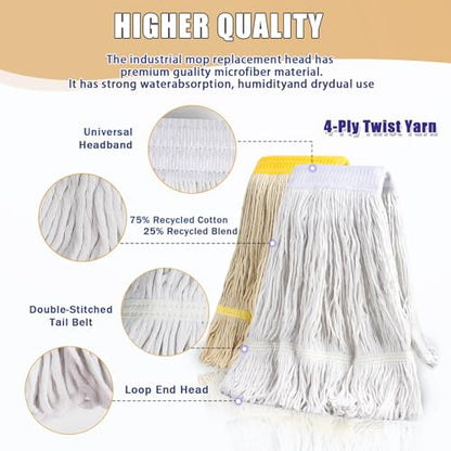 Commercial Mop Heavy Duty Industrial Mop with 2 Extra20oz Large Replacement Heads,60" Long Handle Heavy Duty Industrial Mops for Hardwood Wood Tile Vinyl - Reusable Cotton Head for Floor Cleaning