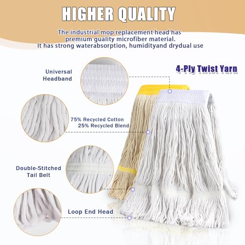 Commercial Mop Heavy Duty Industrial Mop with 2 Extra20oz Large Replacement Heads,60" Long Handle Heavy Duty Industrial Mops for Hardwood Wood Tile Vinyl - Reusable Cotton Head for Floor Cleaning