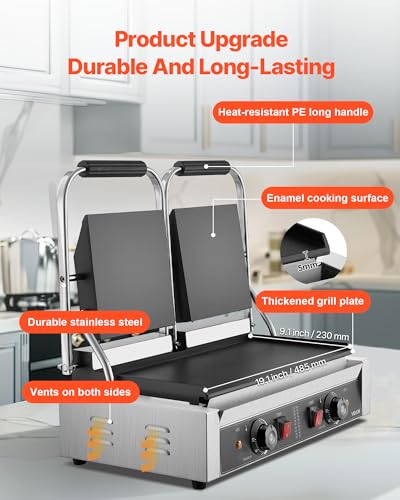 VEVOR Commercial Panini Grill, 3600W Electric Sandwich Panini Maker, Stainless Steel Double Sandwichs Press with Handle and Temp Control, 19x9 in Full Flat Enamel Plate, for Hamburger Steak Bacon