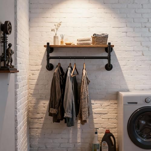 WEBI Wall Mounted Clothes Rack with Shelf,30" Industrial Pipe Clothing Rack with Shelf with Hanging Rod,Heavy Duty Iron Garment Rack Bar,Retail Display Clothes Rod for Laundry Room,Closet,Black - color: Black, size: 30 Inch