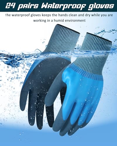 Mimorou 24 Pairs Waterproof Work Gloves Double Coated Rubber XL, Blue
