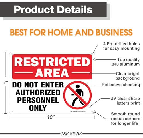 Restricted Area Do Not Enter Authorized Personnel Only Sign - 4 Pack - 10 x 7 Inches Rust Free .040 Aluminum - UV Protected, Waterproof, Weatherproof and Fade Resistant - 4 Pre-drilled Holes - color: Red - 10" x 7" - 4 Pack