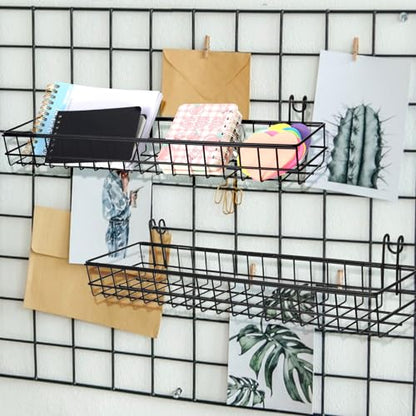 4 Pcs Wire Baskets Wall Grid Panel Hanging Wire Basket Hanging Wall Baskets No Drilling Wall Hanging Baskets Grid Wall Storage Basket for Kitchen Bathroom Home Decor Supplies, Black