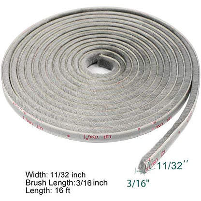 TORRAMI Brush Weather Stripping, 11/32 x 3/16 in, 16 ft, Gray - color: Gray, size: 11/32 inch x 3/16 inch x 16 ft