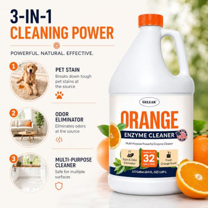 Multi-Purpose Probiotic Enzyme orange Cleaner, 1/2 Gallon (64 oz.) - Pet Stain and Odor Remover - Concentrated - Professional & Home Strength Drains, Floors, Bathrooms, Toilets Trash Can, Made in USA