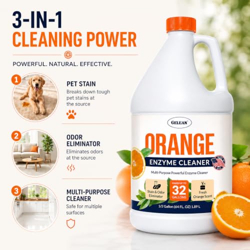Multi-Purpose Probiotic Enzyme orange Cleaner, 1/2 Gallon (64 oz.) - Pet Stain and Odor Remover - Concentrated - Professional & Home Strength Drains, Floors, Bathrooms, Toilets Trash Can, Made in USA