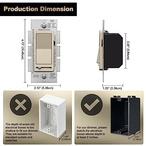 BESTTEN 5PK Matte Champagne Gold Dimmer Light Switch, Single Pole or 3-Way - color: Champagne Gold