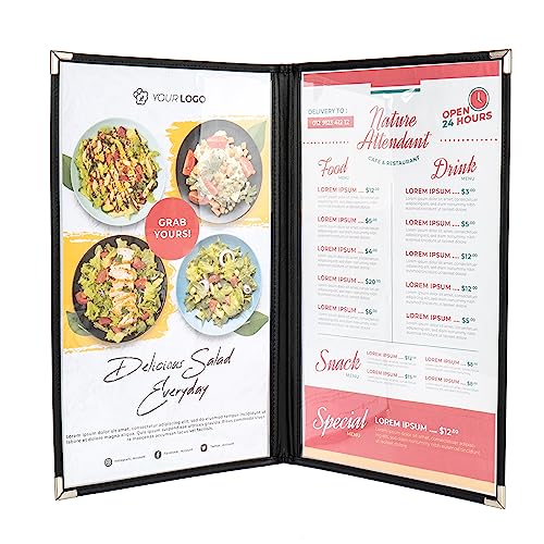 Menu Covers, Double Pages, 8.5" x 14" Legal Size, Black, Pack of 6