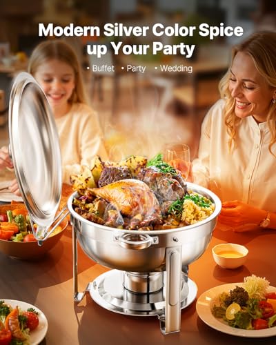 VEVOR Chafing Dish Buffet Set, 5 Qt 4 Pack, Stainless Steel Chafer with 4 Full Size Pans, Round Catering Warmer Server with Lid Water Pan Folding Stand Clip, for Weddings Parties Banquets, Silver - size: 4packs Silver