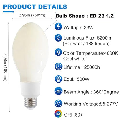 SD LUX LED Filament Light Bulb 33W ED23 1/2 6200lm Equi500W 4000K E26 2PC - color: White, size: 33W-4000K