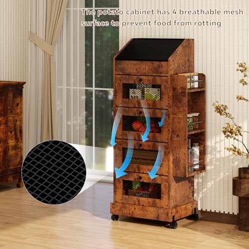 ARTETHYS Potato Storage Bin 5-Tier Rolling Bread Box Cabinet with Side Rack - color: Rustic