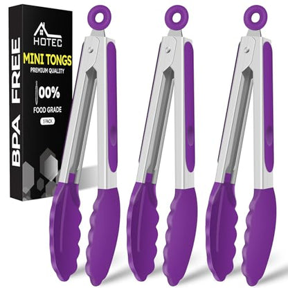 HOTEC Small Silicone Kitchen Tongs 7-Inch Mini Serving Tongs, Set of 3 - color: Purple
