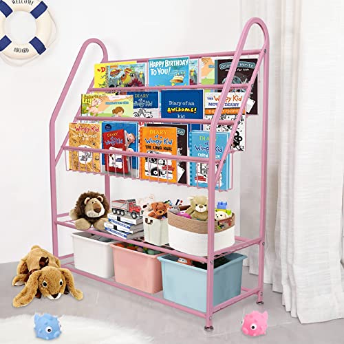 aboxoo Metal Kids Bookshelf Pink Bookcase Freestanding for Children Girls Room 32 inches Large Toddler Pink Stable Bookcase Bookstore Library Book Unit Storage - color: Pink, size: Large