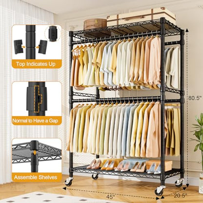 ULIFHOME Rolling Clothes Rack, Clothing Racks for Hanging Clothes, Black - color: Black, size: P4 Plus