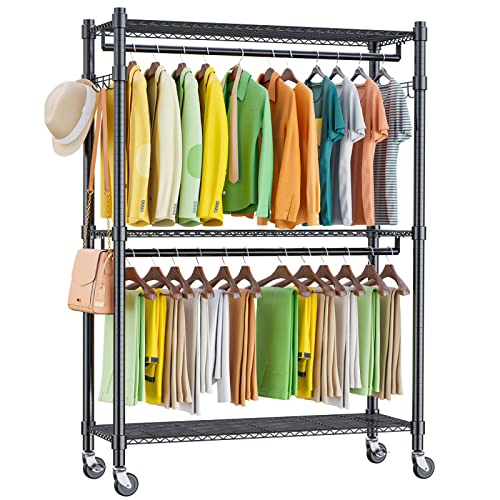 Homdox Double Rod Closet 3 Shelves Wire Shelving Clothing Rolling Rack Heavy Duty Garment Rack with Wheels and Side Hooks - color: Black, size: 17.72"D x 47.24"W x 80.71"H