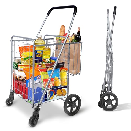 Whitmor Utility Folding Shopping Cart, 115L Heavy Duty Grocery Cart with Double Basket, 360° Swivel Wheels, Foldable Rolling Utility Trolley, 110 Lbs Capacity for Grocery, Laundry, Travel, Sliver - size: 21.29"L x 21.65"W x 36.2"H, Sliver