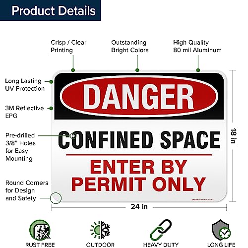 Danger Confined Space Enter By Permit Only Sign, 18x24 Inches, 3M EGP - size: 18x24 - Aluminum Reflective