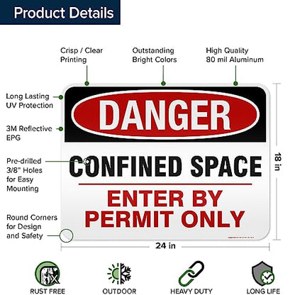 Danger Confined Space Enter By Permit Only Sign, 18x24 Inches, 3M EGP - size: 18x24 - Aluminum Reflective