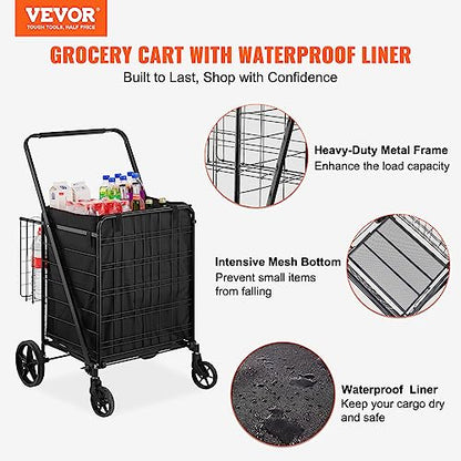 VEVOR Folding Shopping Cart with Removable Waterproof Liner, 330LBS Large Capacity Jumbo Grocery Cart with Dual Basket, 360° Swivel Wheels, Dense Metal Mesh Base, Heavy Duty Utility Cart for Shopping - size: Jumbo