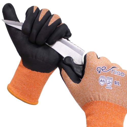 Cut Resistant Work Gloves With Grip for Men and Women ANSI 5 Safety Gloves for Gardening Fishing Cutting Construction - color: Orange, size: Large-X-Large