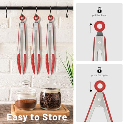 HOTEC Small Silicone Kitchen Tongs 7-Inch Mini Serving Tongs, Set of 3 - color: Red