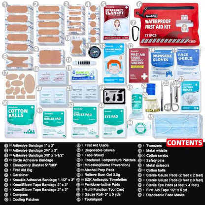 211 PCS Waterproof First Aid Kit, Emergency Supplies for Hiking & Boating