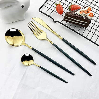 JASHII Flatware Serving Set 24 Piece, Stainless Steel Silverware Set, Green Gold Cutlery Set, Modern Elegant Tableware Set for Party, Christmas, Dinner (Green Gold) - color: Green Gold