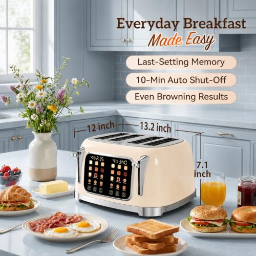 Retro 4 Slice Toaster Touch Screen with Wide Slots, Cream Color - color: Cream