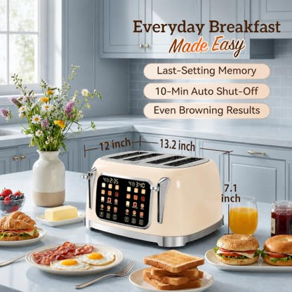 Retro 4 Slice Toaster Touch Screen with Wide Slots, Cream Color - color: Cream