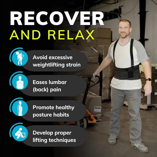 BraceAbility Work Back Brace - Industrial Lower Back Pain Protection Belt for Men and Women in Construction, Moving, Warehouse Jobs - Removable Suspender Shoulder Straps for Heavy Lifting Safety (XL) - size: X-Large