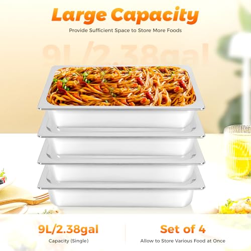 4 Pack Stainless Steel Hotel Pans, Full Size 4" Deep Commercial Food Pans With Lid Catering Food Storage Metal Pan Chafing Dishes Dinner Buffet Server for Food Prep Restaurant (21" x 12.8" x 3.9") - size: 21" x 12.8" x 3.9"