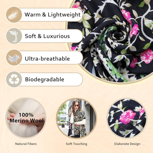 DANA XU 100% Merino Wool Extra Large Pashmina Shawl for Women - color: Black Floral Print