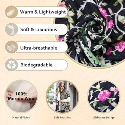 DANA XU 100% Merino Wool Extra Large Pashmina Shawl for Women - color: Black Floral Print