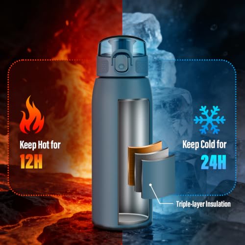 Insulated Water Bottle 18 oz with Dustproof Lid, Carry Handle & Tea Infuser, BPA-Free & Leakproof, Stainless Steel Water Bottles Ideal for Fitness, Hiking, Office & Outdoor Use （Navy Blue ） - color: Navy Blue, size: 18 Ounces