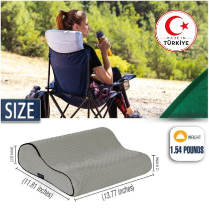 alkamto Travel & Camping Comfortable Memory Foam Pillow – Easy to Carry Portable Bag – Temperature Regulating Pillow Case - size: 13.7 x 11.8 x 3.9 / 3.14 In - Grey + Extra Cover