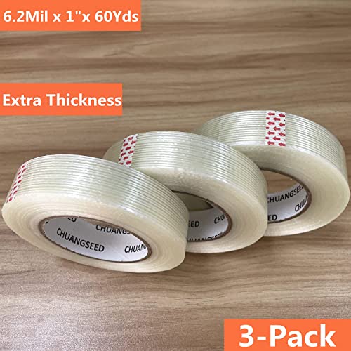 CHUANGSEED 3Pack Mono Filament Strapping Tape 6.2mil x 1Inch x 60yds Commodity Grade Heavy Duty Transparent Reinforced Fiberglass Tape - size: Mono 1" x 60y 3-Pack