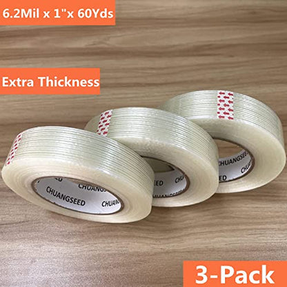 CHUANGSEED 3Pack Mono Filament Strapping Tape 6.2mil x 1Inch x 60yds Commodity Grade Heavy Duty Transparent Reinforced Fiberglass Tape - size: Mono 1" x 60y 3-Pack