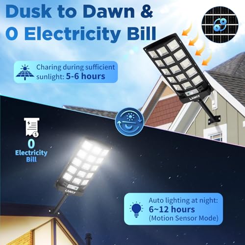 LANGY Solar Street Lights Outdoor 4 Pack, 30000LM 6500K Motion Sensor Dusk to Dawn, IP66 Waterproof LED Flood Security Lights with Remote Control for Parking Lot, Driveway, Garden, Yard - size: 4PACK 30000LM