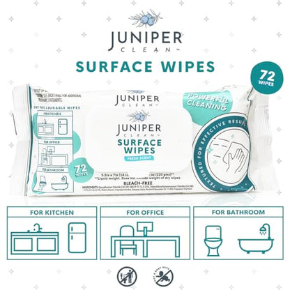 Juniper CLEAN 24 Pack Surface Cleaning Wipes Bleach Free, All-Purpose Cleaner for Bathroom, Kitchen, Office, 1728 Count Soft Flow, Fresh Scent, Bleach Free, Lint Free, Durable - size: 72 Count (Pack of 24)
