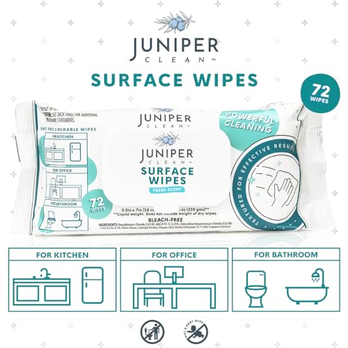 Juniper CLEAN 1 Pack Surface Cleaning Wipes Bleach Free, All-Purpose Cleaner for Bathroom, Kitchen, Office, 72 Count Soft Flow, Fresh Scent, Lint Free & Durable - size: 72 Count (Pack of 1)