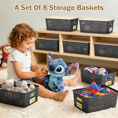 Stackable Storage Baskets: 8 Pack Plastic Baskets Bins, Black - color: Black
