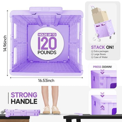 Rolling Crate with Stair Climbing Wheels, Foldable Utility Cart with Detachable Lid & Telescoping Handle, Portable Rolling Cart Tote Basket for Teacher Upstairs Grocery Shopping