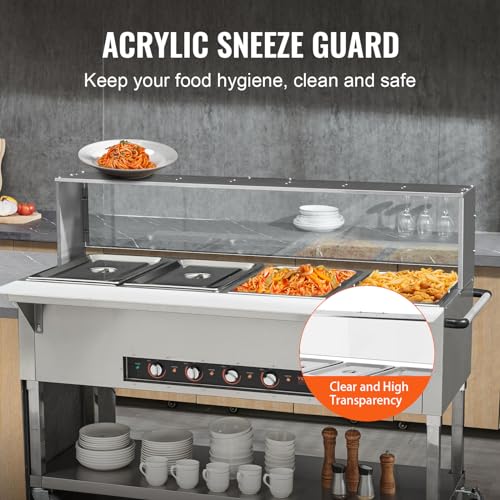 VEVOR 4-Pan Commercial Food Warmer, 4 x 20.6QT Electric Steam Table, 2000W Professional Buffet Catering Food Warmer with Acrylic Sneeze Guard, Food Grade Stainless Steel Server for Party Restaurant - size: 4-Pan (96 QT)