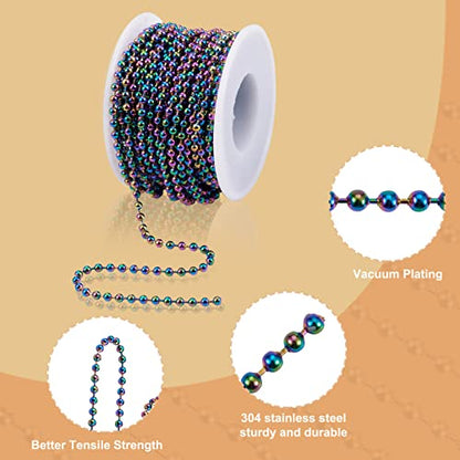 Craftdady Rainbow Steel Ball Bead Chain 32 Feet 3 mm Multicolor Round Beaded Link Cable Chains with Roll Spool for Necklace Choker Bracelet Earring Jewelry Making - color: Multi-Color