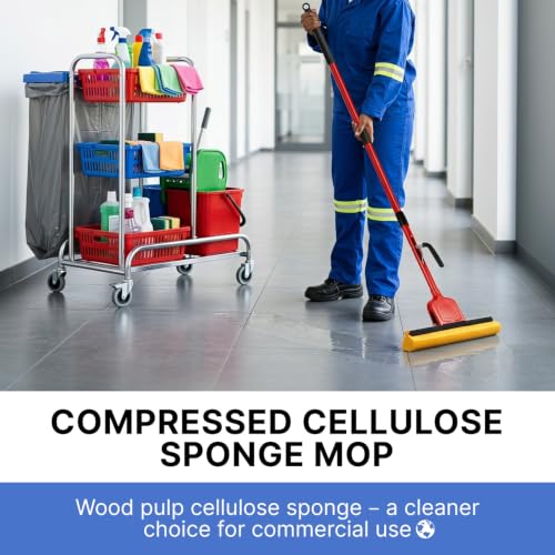Commercial Sponge Mop for Floor Cleaning with 2 Compressed Cellulose Heads - size: 1 mop +2 mop heads