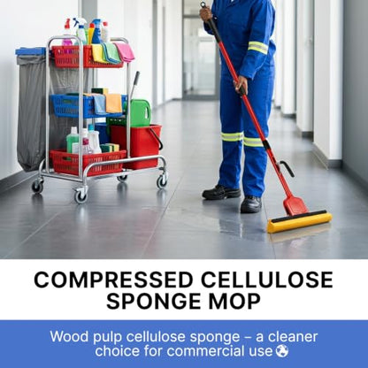 Commercial Sponge Mop for Floor Cleaning with 2 Compressed Cellulose Heads - size: 1 mop +2 mop heads