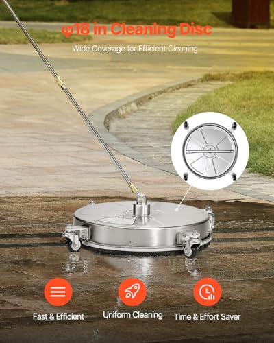 VEVOR 18 Inch Pressure Washer Surface Cleaner, 4000 PSI Stainless Steel Attachment with 4 Wheels, 2 Nozzles, 1/4 Inch Quick Connect and 2 Wands for Concrete, Patio, Deck - size: 18 Inch w/ Wand & Wheels